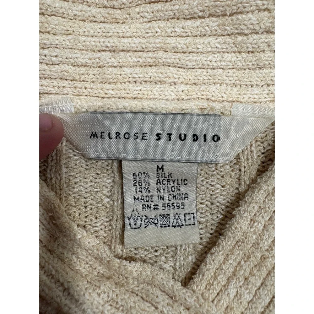 Melrose Studio Silk Blend Cable Knit V-Neck Sweater Tan Beige Medium